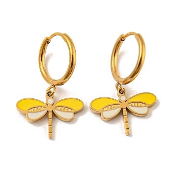 Golden 304 Stainless Steel Hoop Earrings, 316 Surgical Stainless Steel Enamel Dragonfly Drop Earrings, Gold, 25x16mm