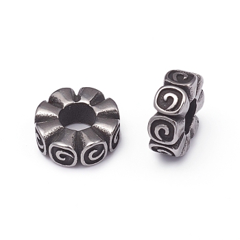 304 Stainless Steel European Beads, Large Hole Beads, Flower, Antique Silver, 13.5x5.5mm, Hole: 5.5mm