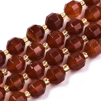 Natural Agate Beads Strands, Faceted, with Seed Beads, Dyed, Round, FireBrick, 8x7.5mm, Hole: 1.2mm, Beads: 3.5x2mm, about 34pcs/strand, 15.35 inch(39cm)