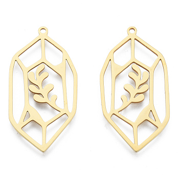 201 Stainless Steel Pendants, Leaf Charm, Real 18K Gold Plated, 37x19x1mm, Hole: 1.5mm