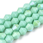 Opaque Solid Color Electroplate Glass Beads Strands, AB Color Plated, Faceted, Bicone, Light Cyan, 6x5.5mm, Hole: 1.2mm, about 45~47pcs/strand, 10.24~10.63 inch(26~27cm)(X-EGLA-A039-P6mm-L20)