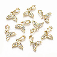 Alloy Pendants, with Rhinestone, Cadmium Free & Nickel Free & Lead Free, Whale Tail, Crystal, Light Gold, 18x14x3.5mm, Hole: 2.5mm(PALLOY-T075-28LG-NR)