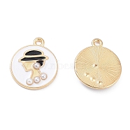 Alloy Enamel Pendants, with ABS Imitation Pearl, Lead Free & Cadmium Free, Flat Round with Lady Charm, Light Gold, 19x16x2.5mm, Hole: 1.6mm(PALLOY-K007-05KCG)