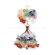 Natural Mixed Stone Chip Big Pendants, with Copper Wire Wrapped and Coconut Brown Braided Nylon Thread, Heart with Tree
, Golden, 110mm, Heart: 53.5x44x9mm, Hole: 6.4mm(PALLOY-JF01532-04)