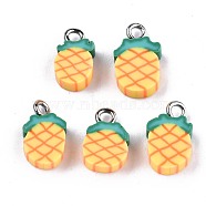 Handmade Polymer Clay Charms, with Platinum Tone Iron Findings, Pineapple, Yellow, 12~14.5x7~9x4mm, Hole: 1.8mm(CLAY-T016-57)