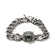 Men's Alloy Tiger Head Link Bracelet with Curb Chains, Punk Metal Jewelry, Antique Silver, 8-1/2 inch(21.7cm)(BJEW-A129-07AS)