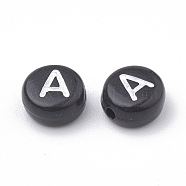 Opaque Acrylic Beads, Horizontal Hole, Alphabet Style, Flat Round, Letter.A, 7x4mm, Hole: 1.5mm, about 370pcs/50g(X-SACR-N002-02A)