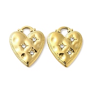 201 Stainless Steel Rhinestone Pendants, Heart Charms, Real 18K Gold Plated, 20x17x2.5mm, Hole: 3.8x3.5mm(STAS-D088-20G)