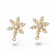 Christmas Theme, Brass Cubic Zirconia Stud Earring Findings, with Loop, Snowflake, Nickel Free, Real 18K Gold Plated, 15x11mm, Hole: 1mm, Pin: 0.9mm(KK-T050-62G-NF)