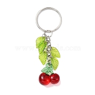 Acrylic Pendant Keychain, with Leaf Charms and Iron Keychain Ring, Cherry, 7.9cm, Pendant: 52x19.5x11mm(KEYC-JKC00634-02)