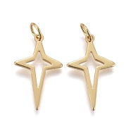 Brass Pendants, with Jump Rings, Long-Lasting Plated, Hollow, Hollow Star, Real 18K Gold Plated, 20x12x1mm, Hole: 3mm(KK-F821-43G)