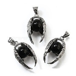 Natural Obsidian Round Pendants, Antique Silver Plated Brass Angel Wings Sphere Charms, Rack Plating, Lead Free & Cadmium Free, 31~32x17.5~19x12.5~14mm, Hole: 5.5x3.5mm(G-K339-03AS-07)