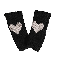 Polyacrylonitrile Fiber Yarn Knitting Fingerless Gloves, Two Tone Winter Warm Gloves with Thumb Hole, Heart Pattern, Black & White, 190x70mm(COHT-PW0001-19B)