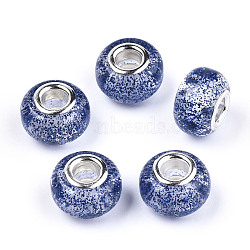 Epoxy Resin European Beads, Large Hole Beads, with Glitter Powder and Platinum Tone Brass Double Cores, Rondelle, Royal Blue, 14x9mm, Hole: 5mm(RPDL-N015-02B)