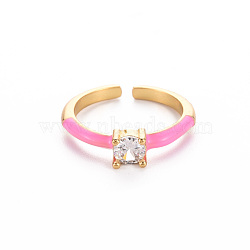 Brass Enamel Cuff Rings, Open Rings, Solitaire Rings, with Clear Cubic Zirconia, Nickel Free, Flat Round, Golden, Pearl Pink, US Size 7(17.3mm)(RJEW-T016-26E-NF)