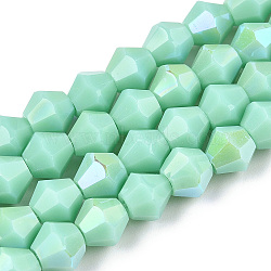 Opaque Solid Color Electroplate Glass Beads Strands, AB Color Plated, Faceted, Bicone, Light Cyan, 6x5.5mm, Hole: 1.2mm, about 45~47pcs/strand, 10.24~10.63 inch(26~27cm)(X-EGLA-A039-P6mm-L20)
