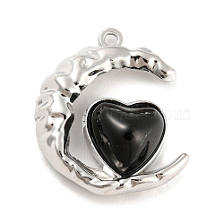 Alloy with Glass Pendants, Moon & Heart Charms, Platinum, 24x20x7mm, Hole: 1.5mm(FIND-G062-03P)