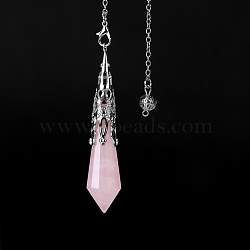 Natural Rose Quartz Dowsing Pendulum Big Pendants, with Platinum Plated Metal Cone, Hexagonal Cone Charm, 260mm(PW-WGF0B2B-06)