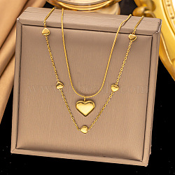 304 Stainless Steel Heart Pendant Double Layer Necklaces for Women, Real 18K Gold Plated, 14.69 inch(37.3cm)(NJEW-C084-04G)