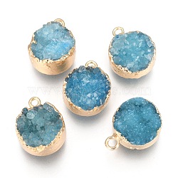 Natural Druzy Agate Pendants, with Real 18K Gold Plated Brass Finding, Long-Lasting Plated, Flat Round, Dyed, Dark Cyan, 18~20x14x5~10mm, Hole: 2~3mm(G-L566-A06)