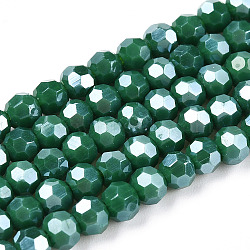 Electroplate Opaque Glass Beads Strands, Faceted(32 Facets), Pearl Luster Plated, Round, Green, 4mm, Hole: 0.7mm, about 88~95pcs/strand, 12.99~14.06 inch(33~35.7cm)(EGLA-A035-P4mm-A17)