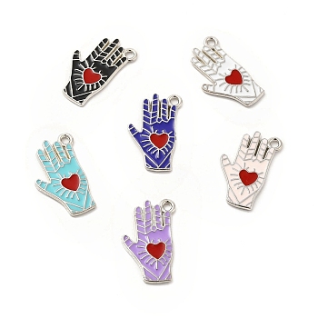 Alloy Enamel Pendants, Hand with Heart Pattern, Platinum, Mixed Color, 21.5x14x1.5mm, Hole: 1.6mm