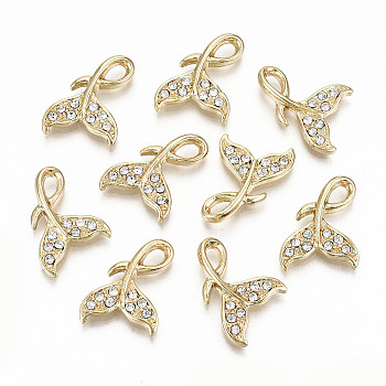 Alloy Pendants, with Rhinestone, Cadmium Free & Nickel Free & Lead Free, Whale Tail, Crystal, Light Gold, 18x14x3.5mm, Hole: 2.5mm