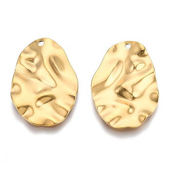 201 Stainless Steel Pendants, Textured Oval Charm, Real 18K Gold Plated, 30x20.5x2mm, Hole: 1.6mm