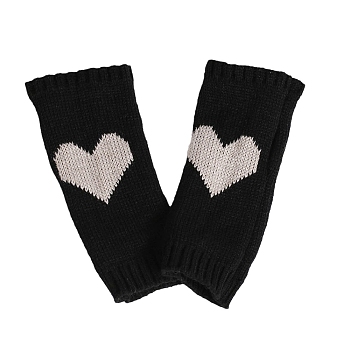 Polyacrylonitrile Fiber Yarn Knitting Fingerless Gloves, Two Tone Winter Warm Gloves with Thumb Hole, Heart Pattern, Black & White, 190x70mm