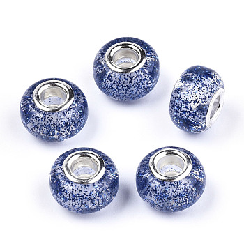 Epoxy Resin European Beads, Large Hole Beads, with Glitter Powder and Platinum Tone Brass Double Cores, Rondelle, Royal Blue, 14x9mm, Hole: 5mm