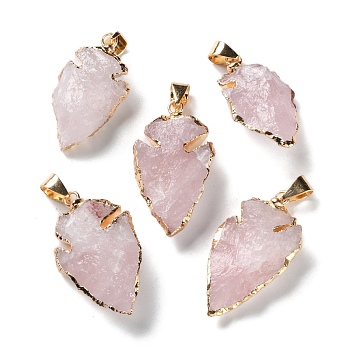 Raw Rough Natural Rose Quartz Pendants, Arrow Head Charms with Golden Tone Brass Snap on Bails, 27~39x17~22x6~11mm, Hole: 7x4mm