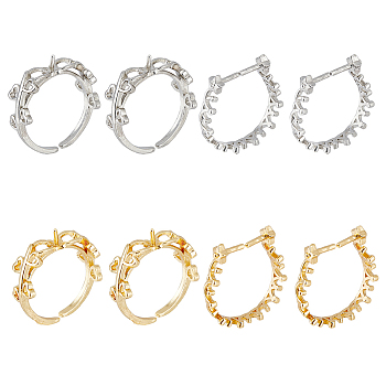 8Pcs 4 Style Rack Plating Brass Open Cuff Ring Settings, for Half-drilled Beads, Long-Lasting Plated, Heart Leaf & Crown, Platinum & Golden, Inner Diameter: 18mm, 2Pcs/style