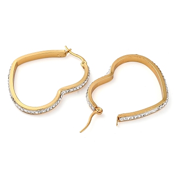 304 Stainless Steel Heart Hoop Earrings, with Polymer Clay and Rhinestone, Real 18K Gold Plated, 40.5x34x3.5mm, Pin: 0.8mm