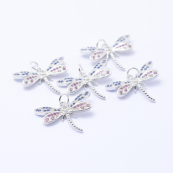 Brass Micro Pave Cubic Zirconia Pendants, Dragonfly, Lead Free & Nickel Free & Cadmium Free, Colorful, Platinum, 16.5x22x3mm, Hole: 3mm