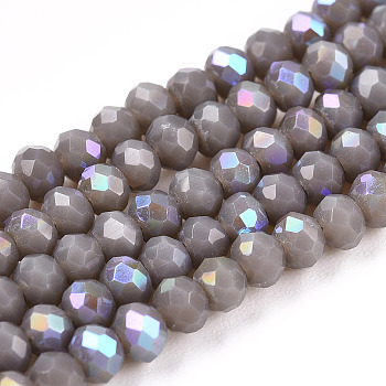 Electroplate Opaque Solid Color Glass Beads Strands, Half Rainbow Plated, Faceted, Rondelle, Light Grey, 3x2mm, Hole: 0.8mm, about 145~150pcs/strand, 34~35cm