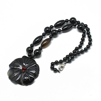 Dyed Natural Black Agate Pendant Necklaces, with Platinum Tone Alloy Lobster Clasps, Flower, 18 inch~20.8 inch