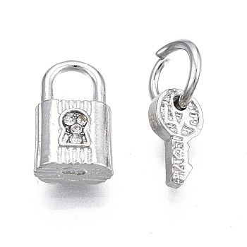 Rack Plating Alloy Charms Set, with Crystal Rhinestone and Jump Ring, Large Hole Pendants, Cadmium Free & Nickel Free & Lead Free, Pad Lock and Key, Platinum, 14.5x8.5x5mm, 11.5x6x2mm, Hole: 6mm