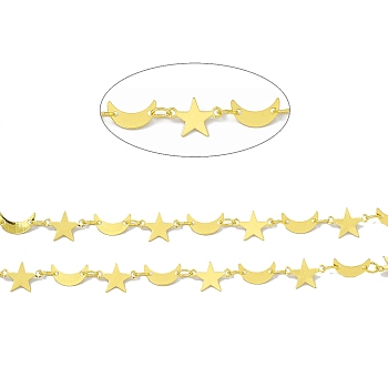 Handmade Brass Star & Moon Link Chains, Soldered, with Spool, Golden, Star: 7.3x10x0.3mm, Monn: 5x8.5x0.3mm
