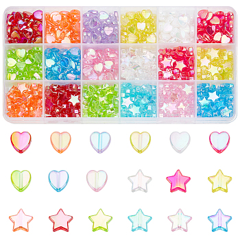 630Pcs 18 Style Eco-Friendly Transparent Acrylic Beads, Heart & Star, Dyed, AB Color, Mixed Color, 8~10x8~10x3~4mm, Hole: 1.4~1.5mm, about 630pcs/box