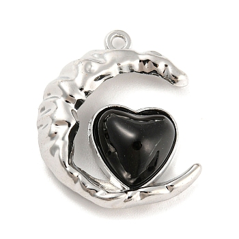 Alloy with Glass Pendants, Moon & Heart Charms, Platinum, 24x20x7mm, Hole: 1.5mm