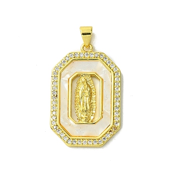 Real 18K Gold Plated Brass Micro Pave Cubic Zirconia Pendants, with Shell, Octagon, 31x20x2mm, Hole: 3.5x4.5mm