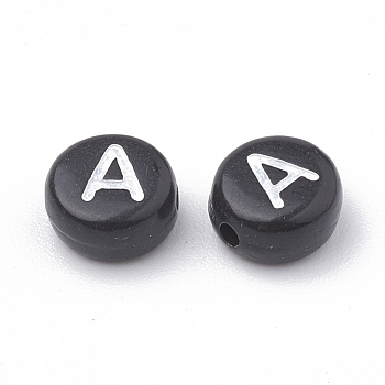 Opaque Acrylic Beads, Horizontal Hole, Alphabet Style, Flat Round, Letter.A, 7x4mm, Hole: 1.5mm, about 370pcs/50g