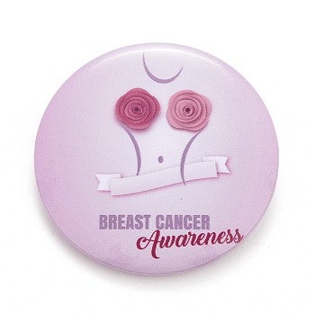 Breast Cancer Awareness Month Tinplate Brooch Pin, Pink Flat Round Badge for Clothing Bags Jackets, Platinum, Rose Pattern, 44x7mm