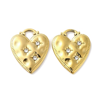 201 Stainless Steel Rhinestone Pendants, Heart Charms, Real 18K Gold Plated, 20x17x2.5mm, Hole: 3.8x3.5mm