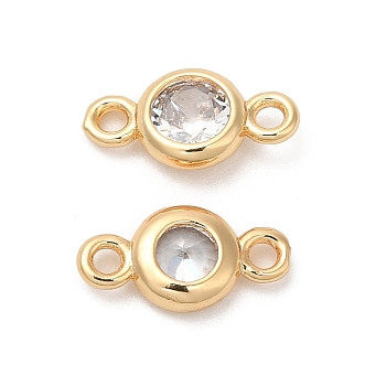 Brass Connector Charms, with Clear Glass, Flat Round, Real 18K Gold Plated, 5.5x10.5x2.2mm, Hole: 1.2mm