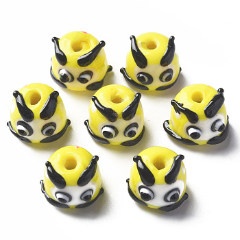 Handmade Lampwork Beads, Round with Cartoon Face, Yellow, 12~13x14~16x14mm, Hole: 2mm