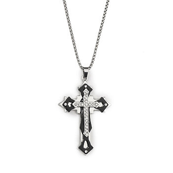 201 Stainless Steel Necklaces, Alloy Rhinestone Pendants Necklaces, Cross, Black, 23.31 inch(59.2cm)
