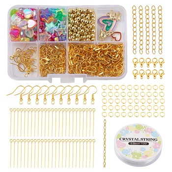 DIY Star and Heart Jewelry Set Making Kit, Including Alloy Clasps, Iron Ends Chain & Jump Ring & Paperclip Chain & Earring Hook & Pin, Acrylic & Plastic Beads, Elastic Thread, Alloy Enamel Charms, Golden, Beads: 220Pcs/set