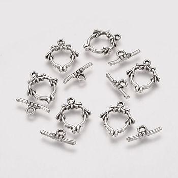 Tibetan Style Alloy Toggle Clasps, Flower, Antique Silver, Toggle: 19x16x2mm, Hole: 1.5mm, Bar: 17x6x3mm, Hole: 2mm.