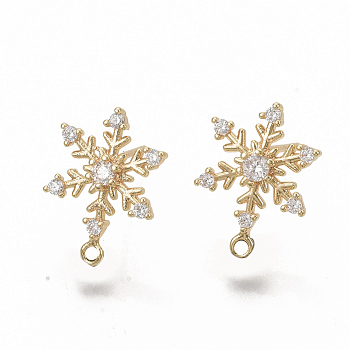 Christmas Theme, Brass Cubic Zirconia Stud Earring Findings, with Loop, Snowflake, Nickel Free, Real 18K Gold Plated, 15x11mm, Hole: 1mm, Pin: 0.9mm